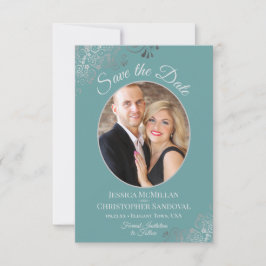 Elegante Silver Curls & Foto auf Aquamariner Hochz Save The Date