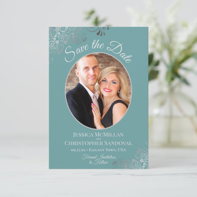 Elegante Silver Curls & Foto auf Aquamariner Hochz Save The Date (Stehend Vorderseite)