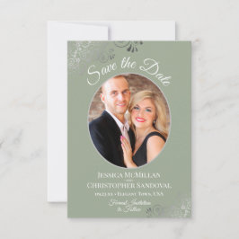 Elegante Silver Curls & Foto auf Sage Green Weddin Save The Date
