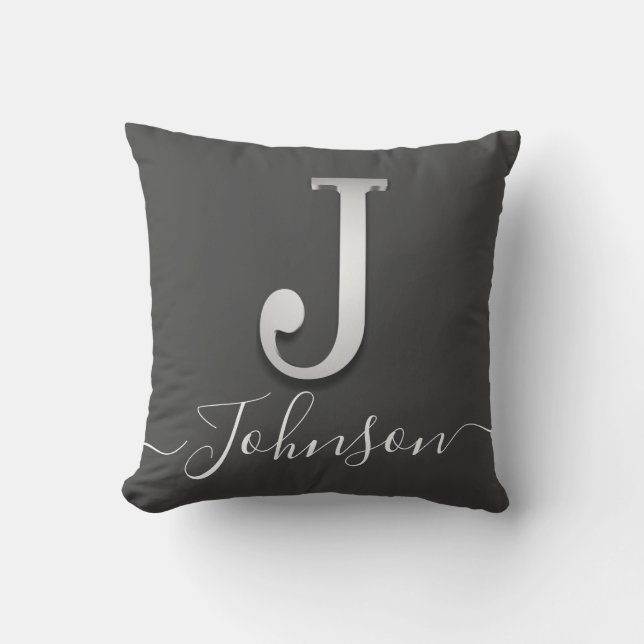 Elegante Silver Custom Monogram J Name Throw Pillo Kissen (Vorderseite)