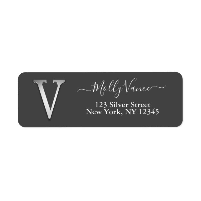 Elegante Silver Custom Monogram V Name Label (Vorne)