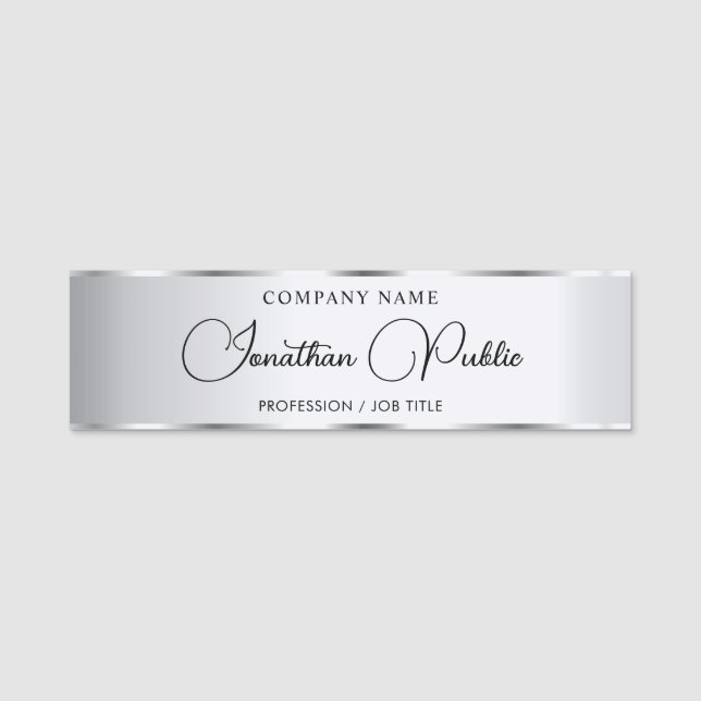 Elegante Silver Custom Typografy Script Template Namensschild (Vorderseite)