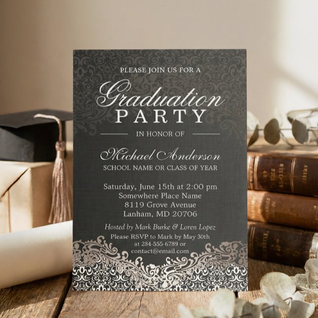 Elegante Silver Damask Grad Graduation Party Einladung (Von Creator hochgeladen)