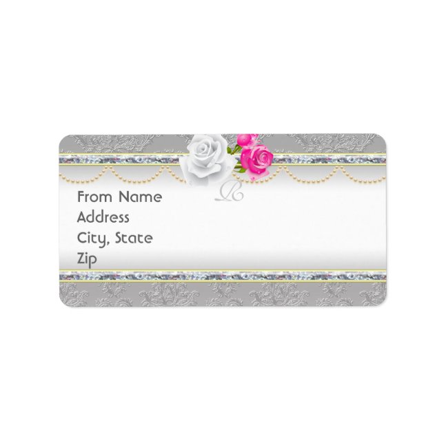 Elegante Silver Damask und Monogram-Adresse der Ro Adressaufkleber (Vorne)
