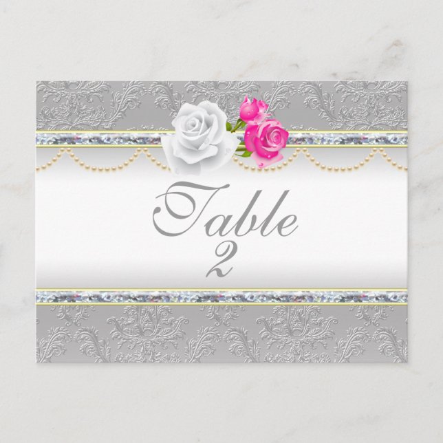 Elegante Silver Damask und rosa Rose Tischnummer (Vorderseite)