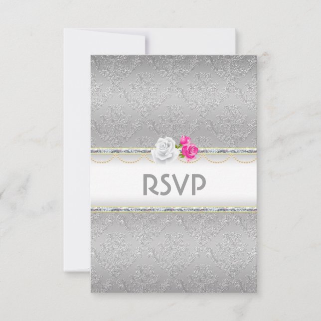Elegante Silver Damask und rosa Rose UAWG RSVP Karte (Vorderseite)