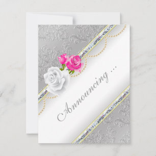 Elegante Silver Damask und rosa Rose Verlobung Ankündigung
