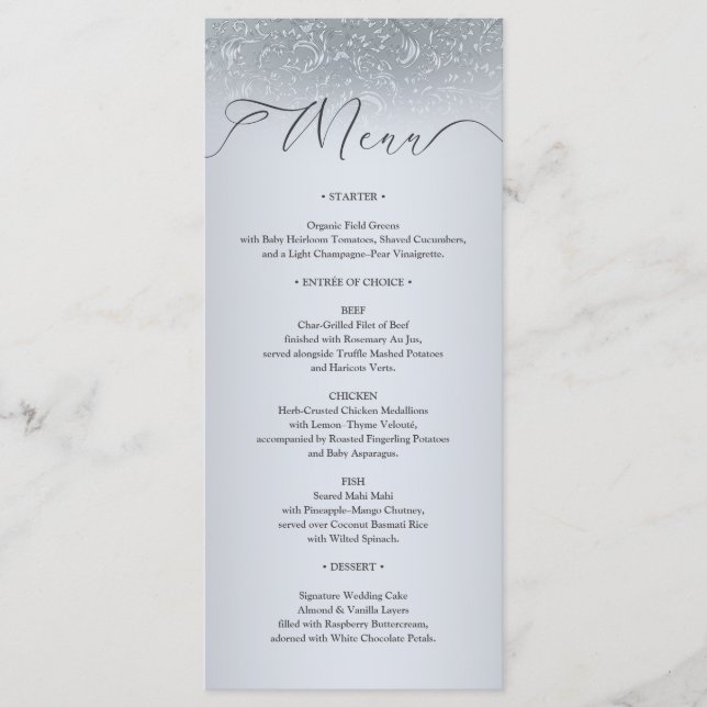 Elegante Silver Damask Wedding Menu Card Menükarte (Vorderseite)