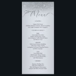 Elegante Silver Damask Wedding Menu Card Menükarte<br><div class="desc">Diese elegante,  silberne Hochzeitskarte ist mit einem verzierten Damaskenkarten-Design und eleganten Empfang-Stationselementen gestaltet und präsentiert ein klassisches silbernes Design,  das wie ein luxuriöses Dinner-Menü aussieht,  bereichert mit einem dekorativen Spitzen-Hochzeitsmotiv,  ausgeglichen für eine formelle Banketkarte,  zeitlos als traditionelles Hochzeitsmenü,  perfekt als Silberjubelfreie Feierdenkende Karte und als echtes Hochzeitsmenü.</div>