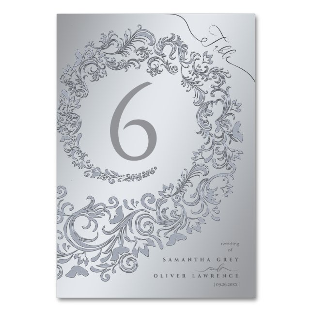 Elegante Silver Damask Wedding Tischnummer Card (Vorderseite)
