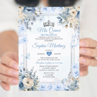 Elegante Silver & Dusty Blue Rose MIS QUINCE Einladung