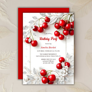 Elegante Silver Floral Red Cherry Geburtstagsparty Einladung