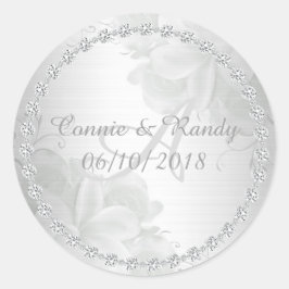 Elegante Silver Floral und Diamond Monogram Weddin Runder Aufkleber