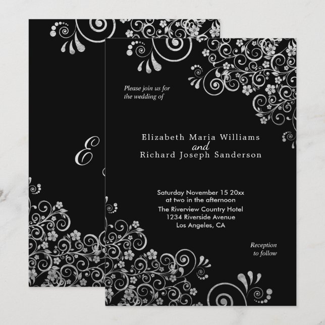 Elegante Silver Floral Wirbel Black Wedding Einladung (Vorne/Hinten)