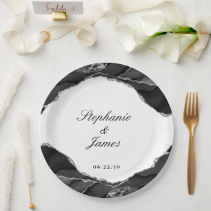 Elegante Silver Foil Black Agate Wedding Pappteller