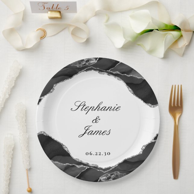 Elegante Silver Foil Black Agate Wedding Pappteller (Hochzeit)