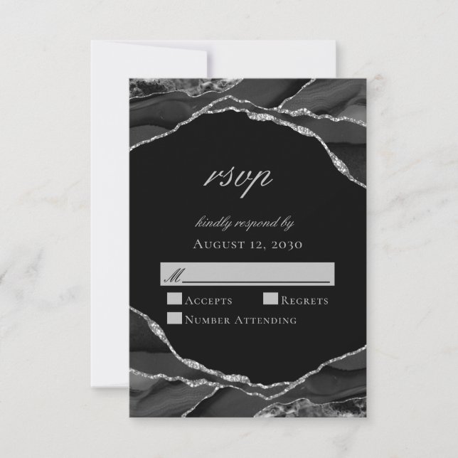 Elegante Silver Foil Black Agate Wedding RSVP Karte (Vorderseite)