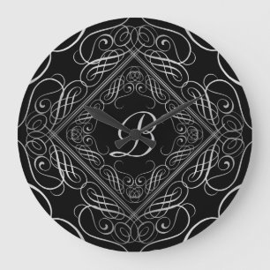 Elegante Silver Foil Look Filigree Scrollwork Schw Große Wanduhr