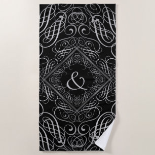 Elegante Silver Foil Look Filigree Scrollwork Schw Strandtuch