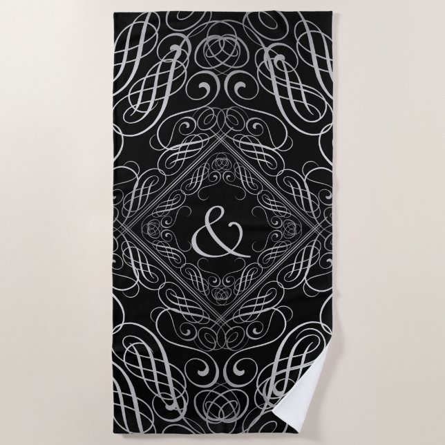 Elegante Silver Foil Look Filigree Scrollwork Schw Strandtuch (Vorderseite)