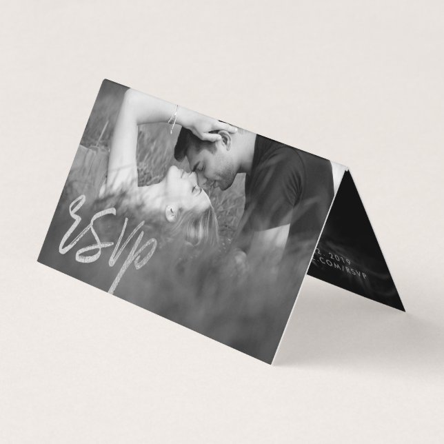 Elegante Silver Foil Script Double Foto RSVP Card Visitenkarten (Vorderseite)