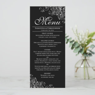 Elegante Silver Frills auf Black Wedding Menükarte