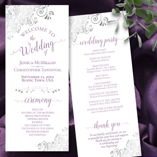 Elegante Silver Frills & Lavender auf White Weddin Programm (Front and Back)