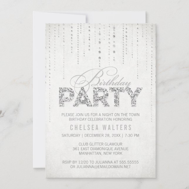 Elegante Silver Glitzer Geburtstagsparty Einladung (Vorderseite)