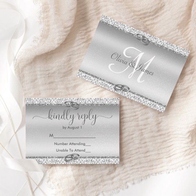 Elegante Silver Glitzer Monogram Wedding RSVP Karte (Von Creator hochgeladen)