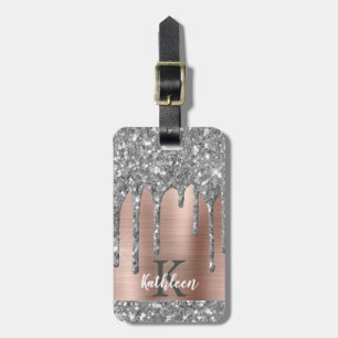 Elegante Silver Glitzer Tropfen Rosa Metal Monogra Gepäckanhänger