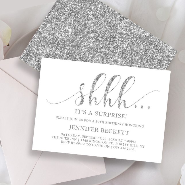 Elegante Silver Glitzer Überraschung Geburtstagspa Einladung (Von Creator hochgeladen)