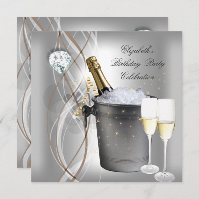 Elegante Silver Gold Champagne Geburtstagsparty Einladung (Vorne/Hinten)