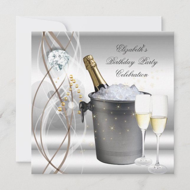Elegante Silver Gold Champagne Geburtstagsparty Einladung (Vorderseite)