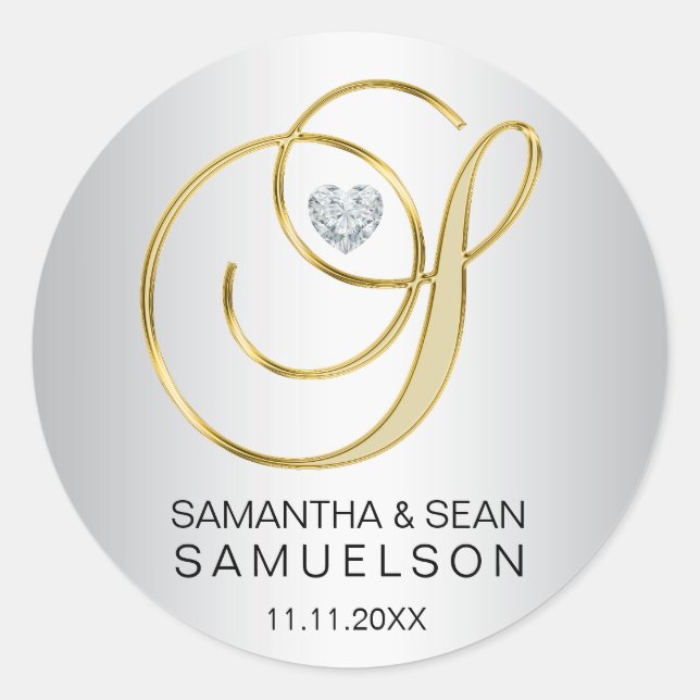 Elegante Silver Gold Letter 'S' Mit Monogramm Wedd Runder Aufkleber (Vorderseite)