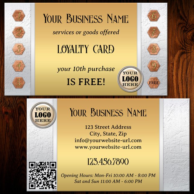 Elegante Silver Gold Loyalty Business Card Treuekarte (A modern chic loyalty business card featuring a gold image on silver with rose gold punch numbers)