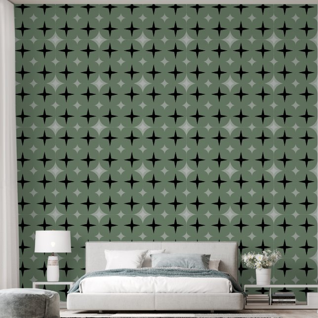 Elegante Silver Gray & Black Stars, Sage Green Gra Tapete (Schlafzimmer)