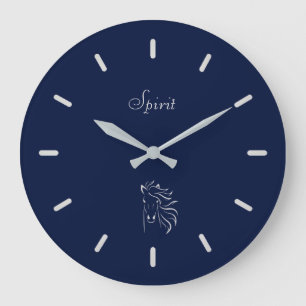 Elegante Silver Gray Horse Silhouette auf Navy Blu Große Wanduhr