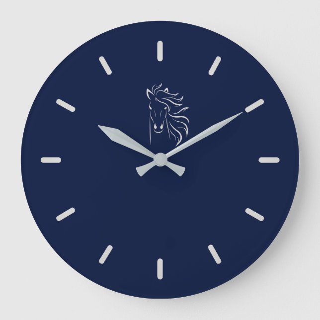 Elegante Silver Gray Horse Silhouette auf Navy Blu Große Wanduhr (Vorderseite)