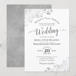 Elegante Silver Gray Lace Formal White Wedding Einladung