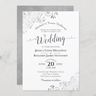 Elegante Silver Gray Lace Formal White Wedding Einladung