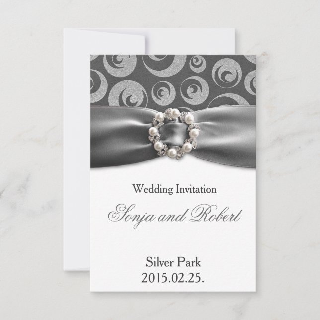 Elegante Silver Gray Pearl Ribbon Wedding Card Einladung (Vorderseite)
