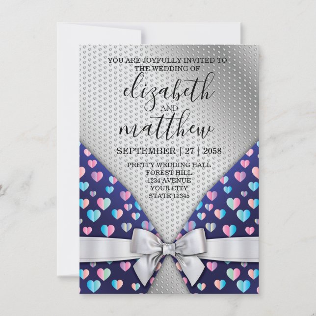 Elegante Silver Invitation Bow und Herz-Speckles Einladung (Vorderseite)