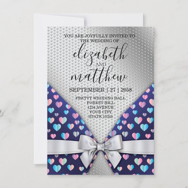 Elegante Silver Invitation Bow und Herz-Speckles Einladung (Vorderseite)