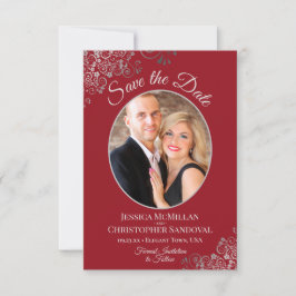 Elegante Silver Lace auf Crimson Red Foto Wedding Save The Date