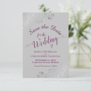 Elegante Silver Lace Cassis Lila auf Gray Wedding Save The Date