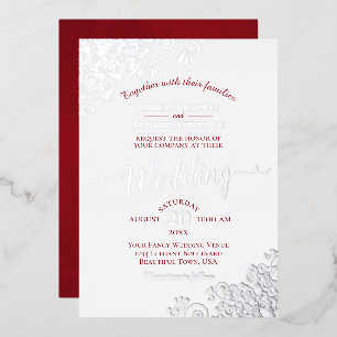 Elegante Silver Lace & Crimson Red auf White Weddi Folieneinladung