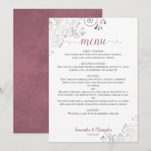 Elegante Silver Lace Dusty Rose auf White Wedding Menükarte