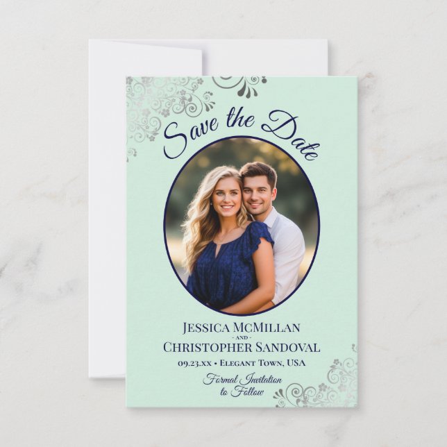 Elegante Silver Lace & Foto Mint & Navy Hochzeit Save The Date (Vorderseite)