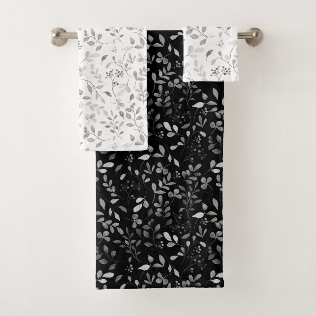 Elegante Silver Leafy Print auf White Black Badhandtuch Set (Insitu)