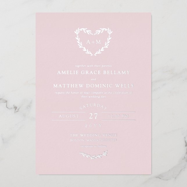 Elegante Silver & Misty Rose Herzzeremonie Folieneinladung (Vorderseite)